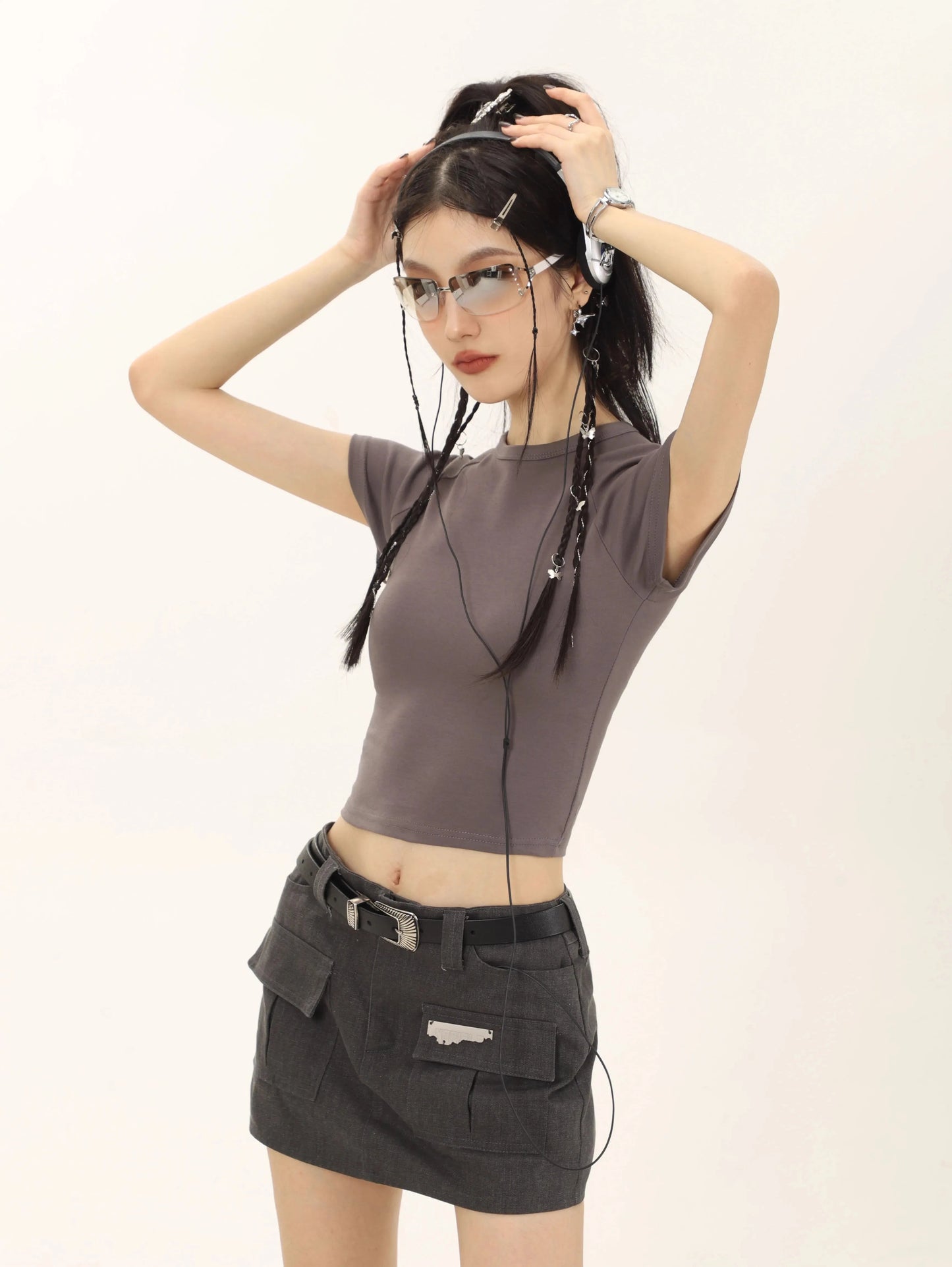 Crop Color Regular Shoulder Short Sleeve T-shirt