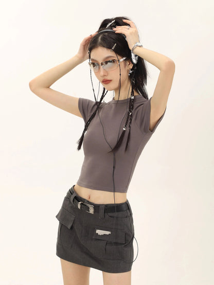 Crop Color Regular Shoulder Short Sleeve T-shirt