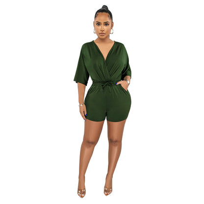 Color V Neck Fitted Waist Jumpsuit Shorts
