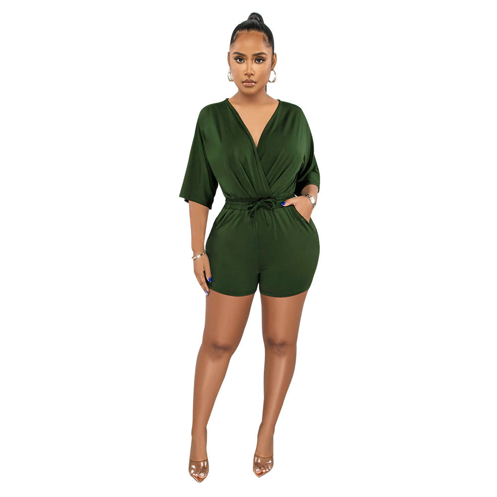 Color V Neck Fitted Waist Jumpsuit Shorts