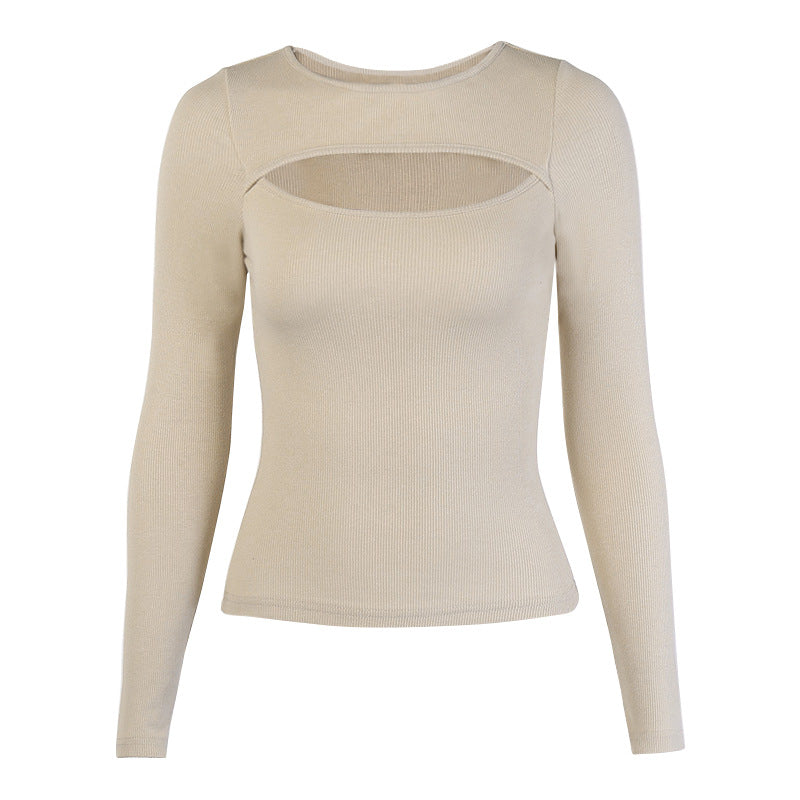 Clothing Autumn Winter Chest Hollow-out Long-sleeved Top Stretch Rib T-shirt for