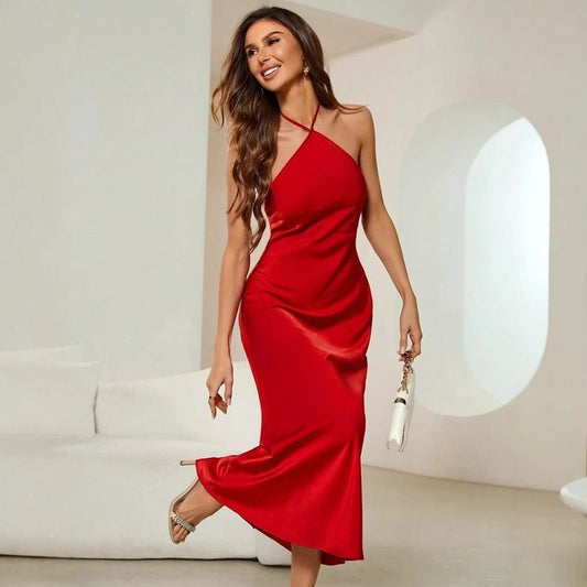 Dress Spring Autumn Evening Dress Satin Strap Maxi Dress