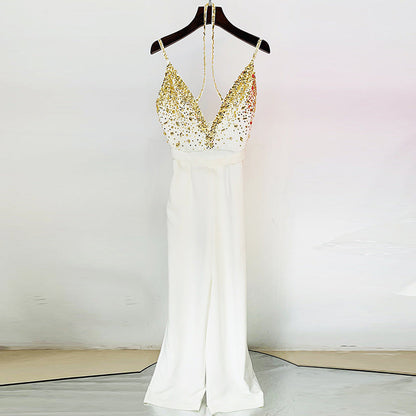 Star Spring Summer Heavy Industry Manual Beaded Sequ V Strap Straight Jumpsuit