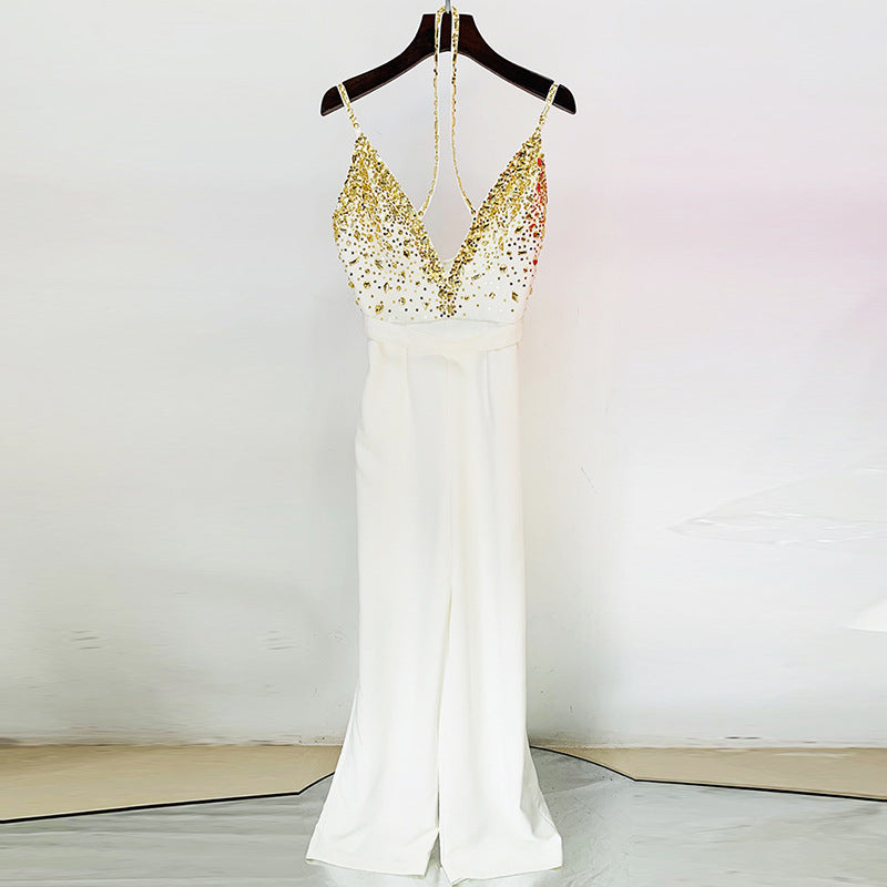 Star Spring Summer Heavy Industry Manual Beaded Sequ V Strap Straight Jumpsuit