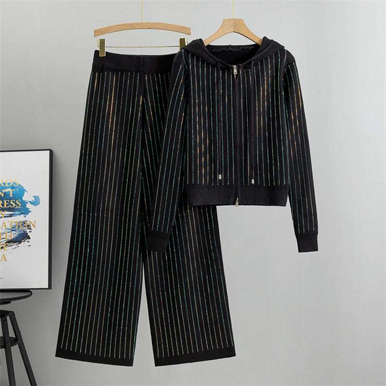 Black - Loose Rhinestone Cardigan Two Piece Set