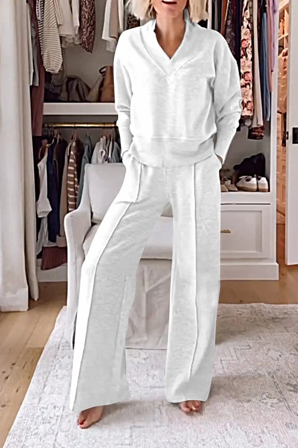 Autumn V Neck Long Sleeve Loose Top Wide Leg Pants Two Piece Set