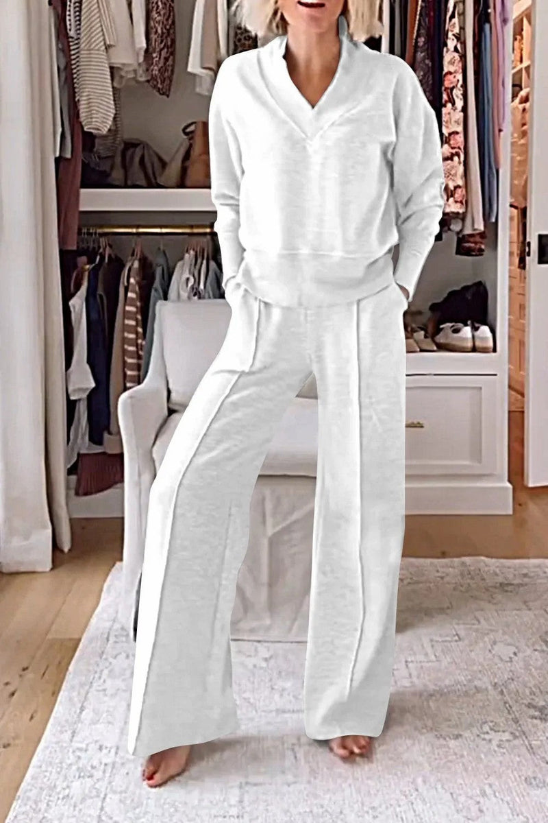 Autumn V Neck Long Sleeve Loose Top Wide Leg Pants Two Piece Set