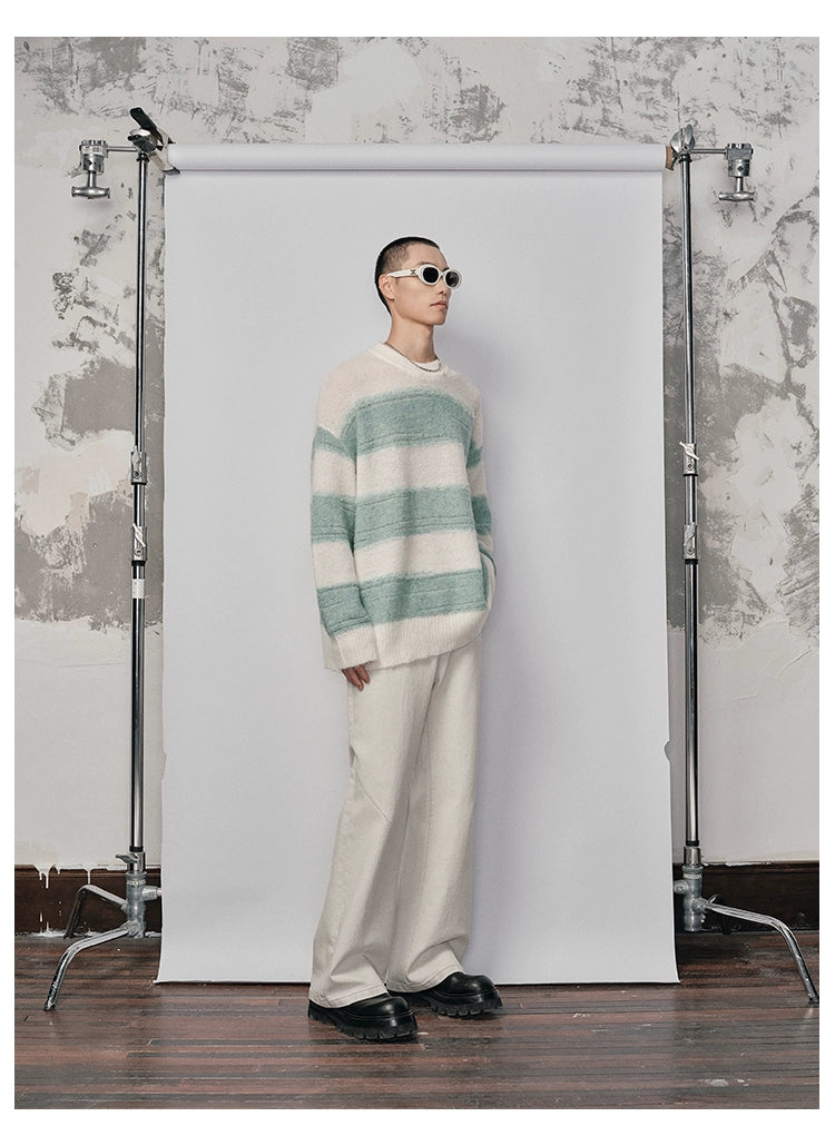 Irregular Wide-striped Oversized Round Neck Sweater