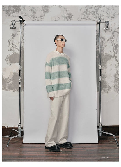 Irregular Wide-striped Oversized Round Neck Sweater