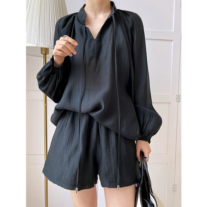 Summer Sports Lace-up Long Sleeve Sun Protection Clothing Wide Leg Shorts Suit Two-piece Set