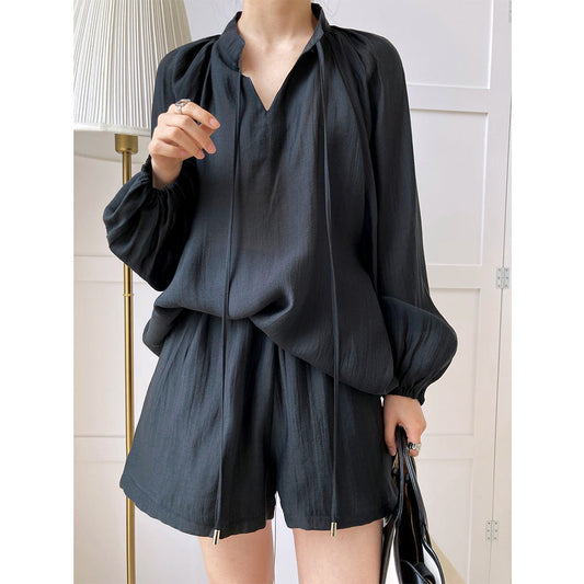 Summer Sports Lace-up Long Sleeve Sun Protection Clothing Wide Leg Shorts Suit Two-piece Set