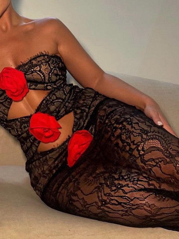 Lace Rose Tube Cutout See Through Maxi Dress