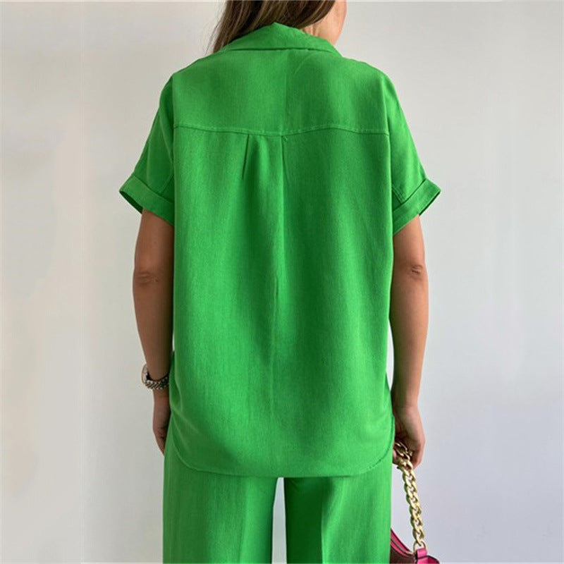 Wide Leg Pants Suit Spring Summer Loose Sleeve Shirt Top Trousers Two Piece Clothing