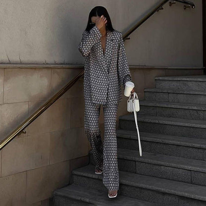 Early Autumn Clothing Long Sleeve Collared Bootleg Pants Printing Suit Matching Street