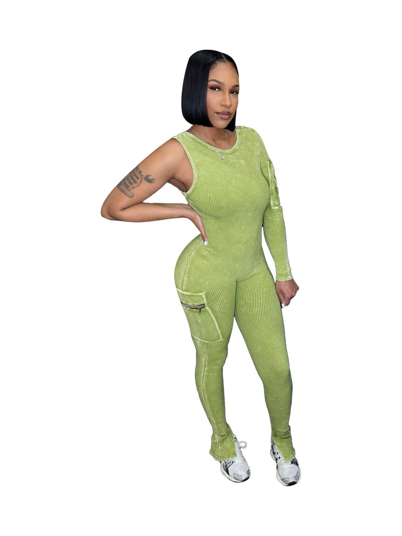 Wear Stretch Cotton Thread Large Pocket Single Sleeve Distressed Tight Jumpsuit