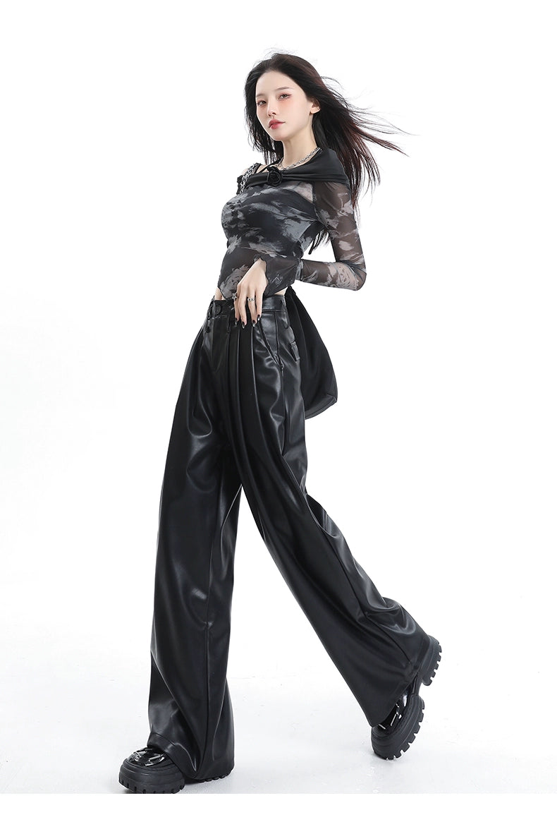 Coffee Wide-leg Pu Leather Pants