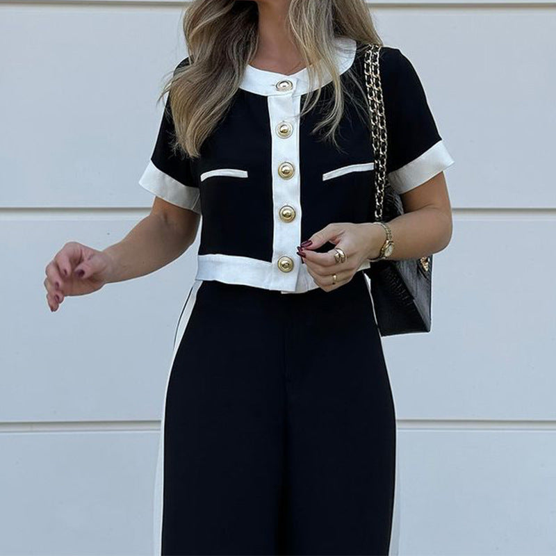 Autumn Winter Clothing Office T Shirt Shory Top Straight Leg Pants Suit Two Piece Set