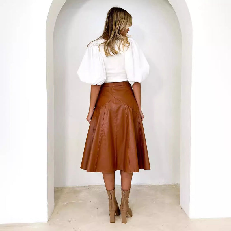 Leather and High Waist Pleated Skirt