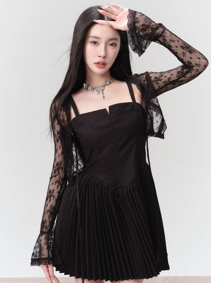 Black Pleated Mini Dress With Structured Bodice