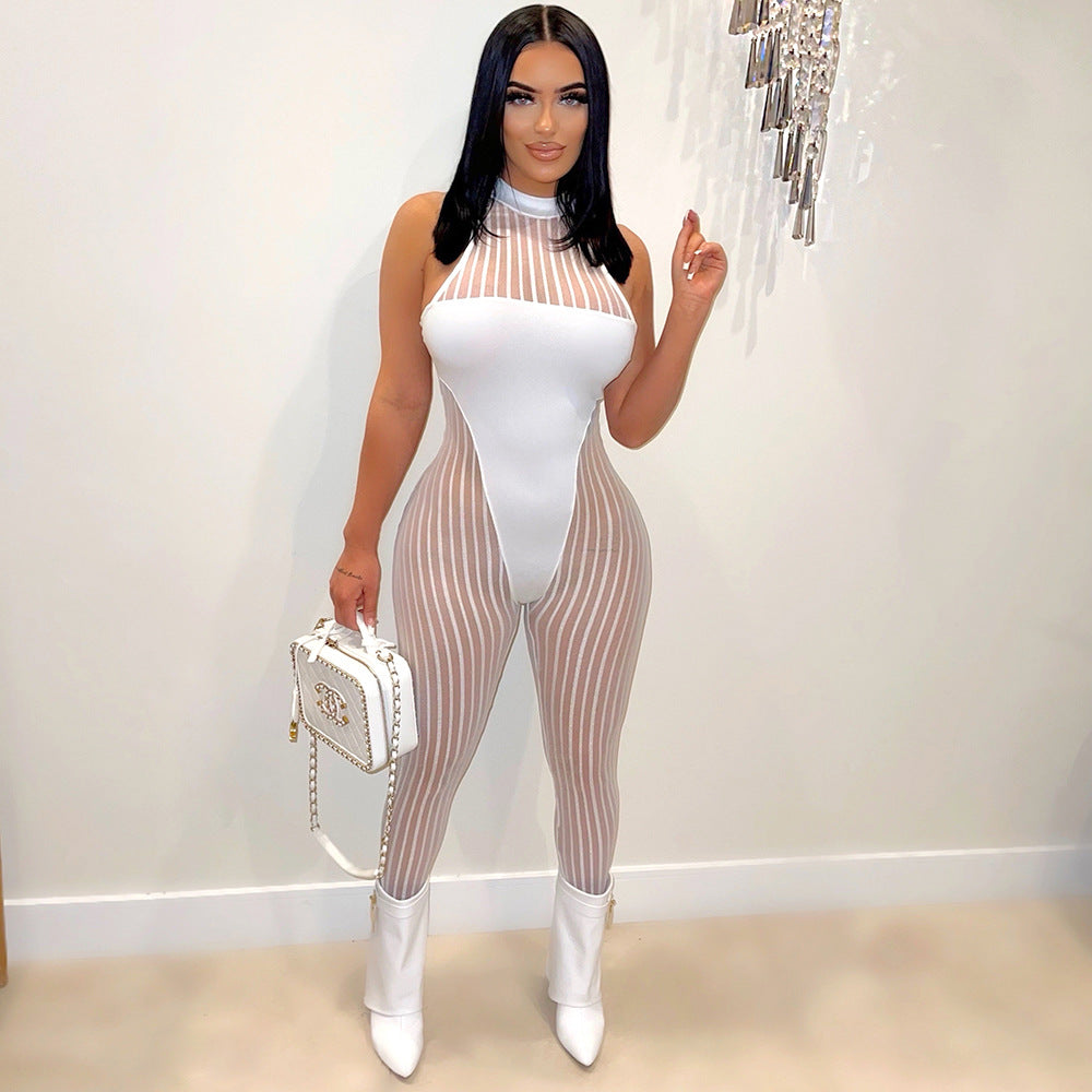 Bold Stripes Mesh See-through Sleeveless Round Neck Jumpsuit for