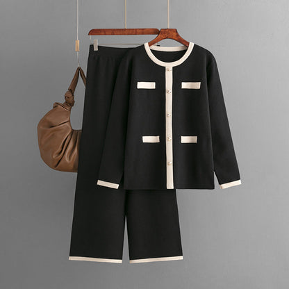 Autumn Winter Knitted Wide Leg Pants Slimming Youthful Looking Two Piece Set Classic Set