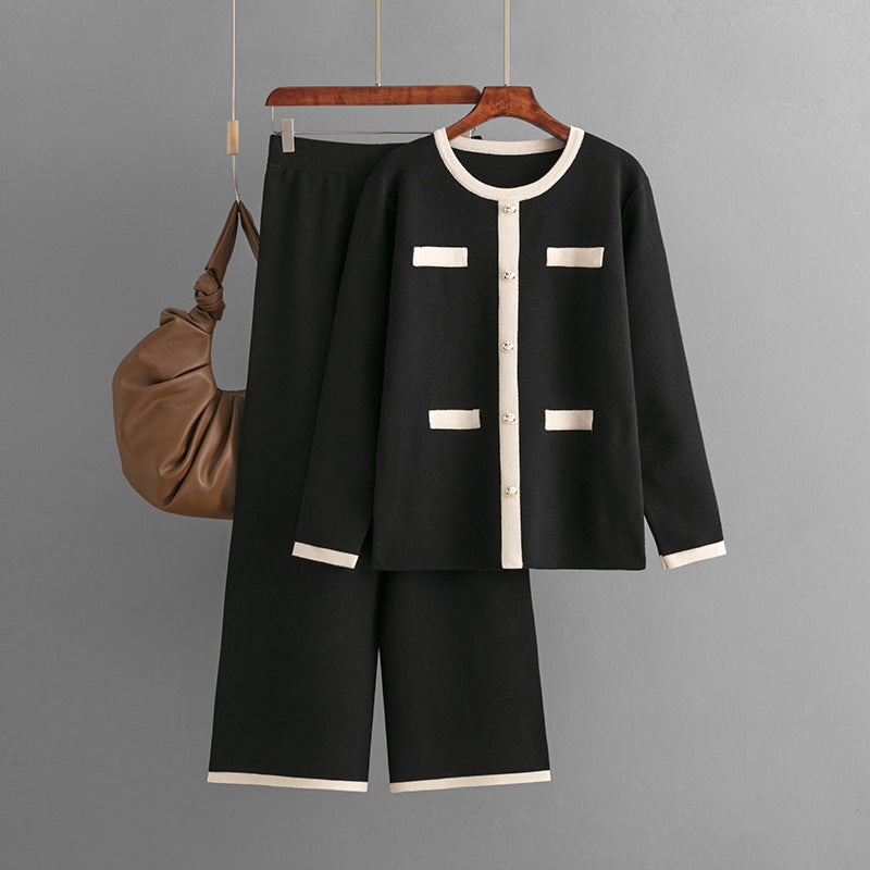 Autumn Winter Knitted Wide Leg Pants Slimming Youthful Looking Two Piece Set Classic Set