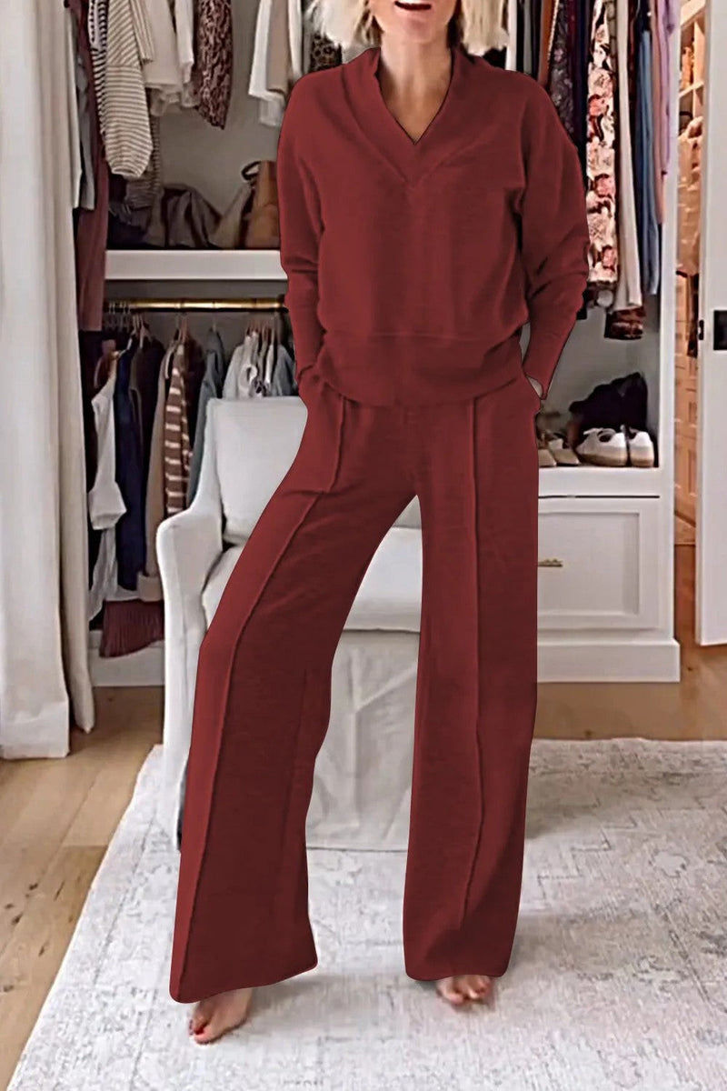 Autumn V Neck Long Sleeve Loose Top Wide Leg Pants Two Piece Set