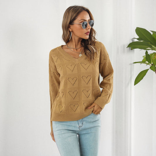 Hollow Out Cutout Out Heart Plaid Sweater Loose Autumn Winter Long Sleeved Sweater Sweater