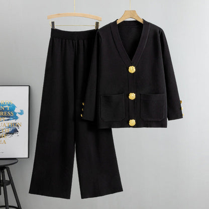 Two Piece Set Autumn Winter Wild Metal Buckle Knitted Cardigan Sweater Wide Leg Pants Set