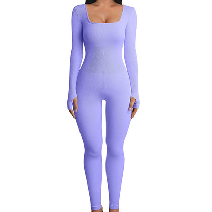 Clothing Jumpsuit Autumn Winter Thread Square Collar Hip Raise Slim Fit Jumpsuit