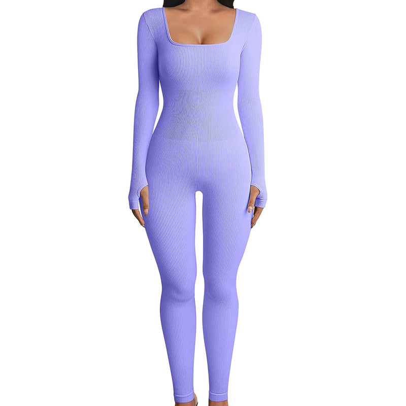 Clothing Jumpsuit Autumn Winter Thread Square Collar Hip Raise Slim Fit Jumpsuit