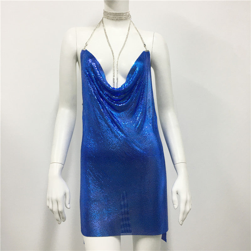 Metallic Coated Fabric Clothing Metal Sequ Dress Sweet Spicy Dress Rhinestone Cami Dress