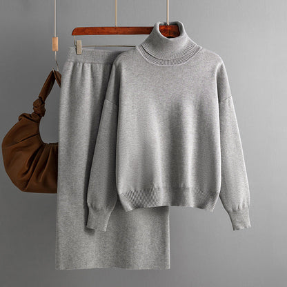 Color Turtleneck Sweater Sheath Skirt Two Piece Set Autumn Winter Knitting Suit