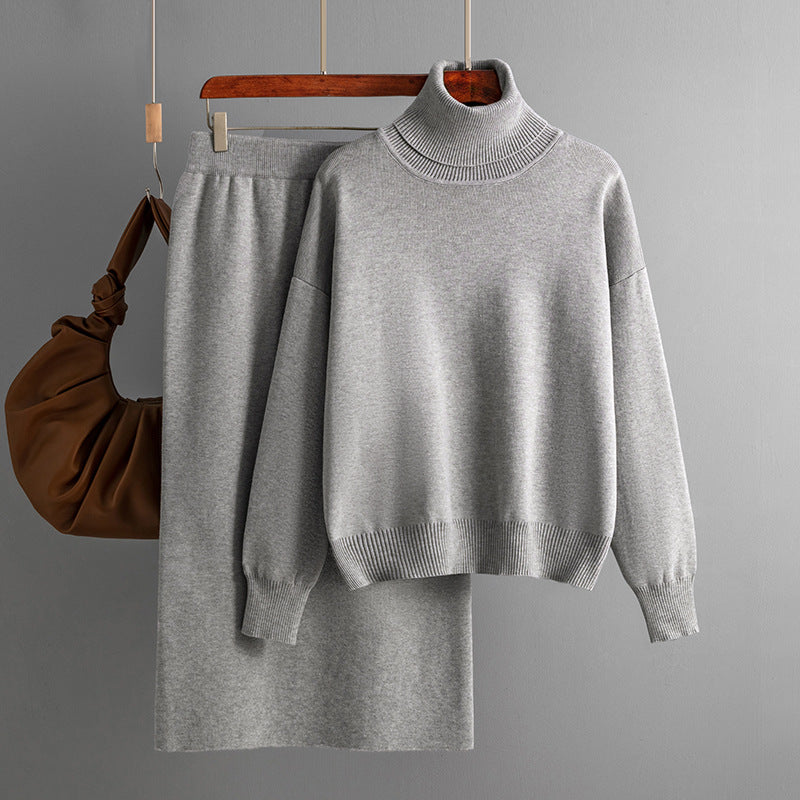 Color Turtleneck Sweater Sheath Skirt Two Piece Set Autumn Winter Knitting Suit
