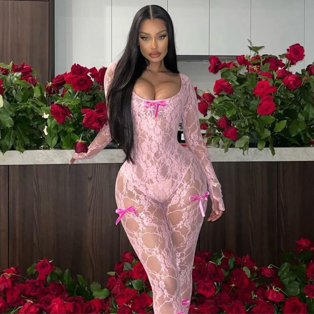 Summer Clothing U Neck Long-sleeved Lace Stretch Jumpsuit