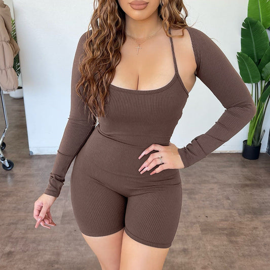 Clothing Goods Color Rib Fabric Shawl Backless Lace Up Jumpsuit Two Piece Set