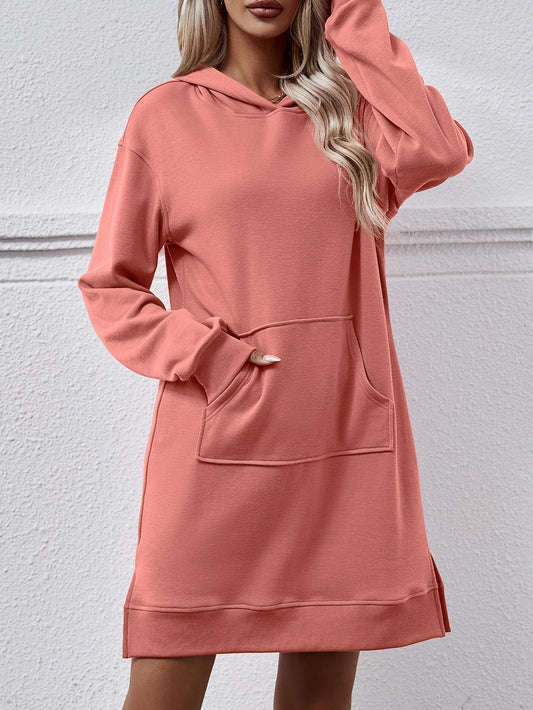 Autumn Winter Clothing Hooded Long Sleeve Kangaroo Pocket Split Long Sweater Dress