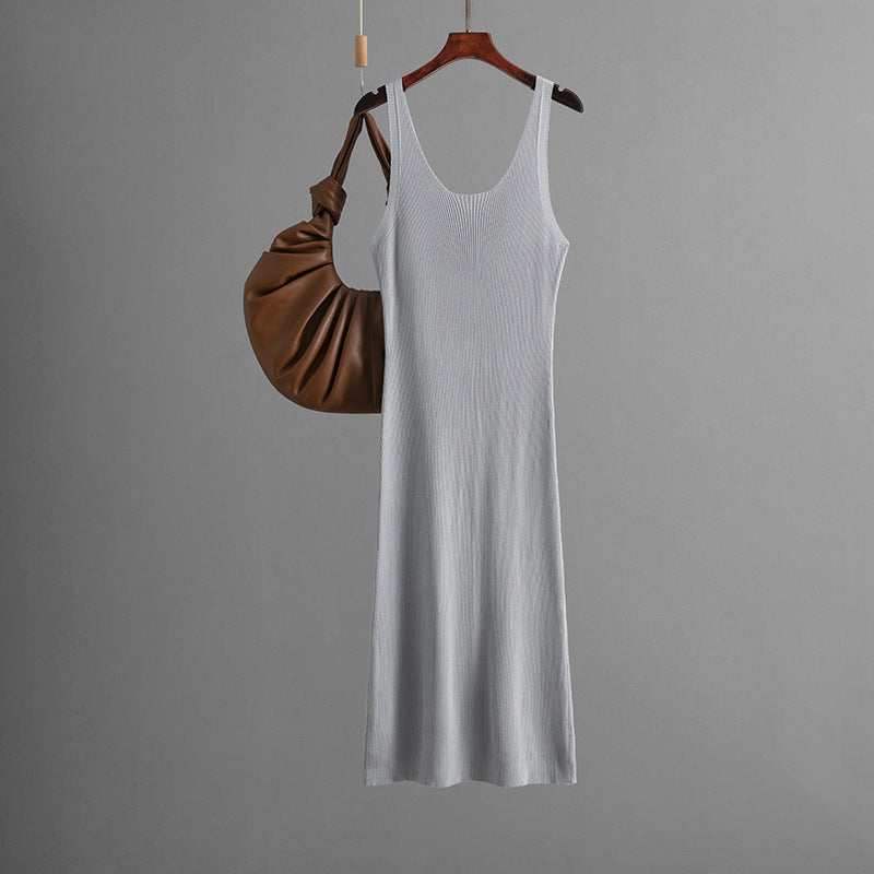 Knitted Sling Dress Summer Color Back Slit Sheath Maxi Dress