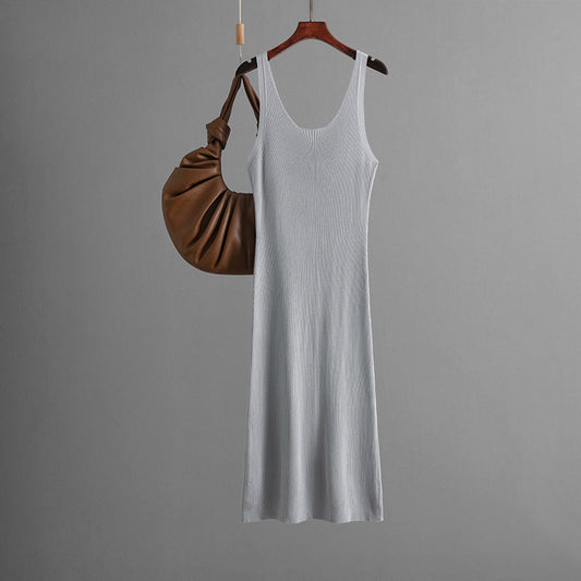 Knitted Sling Dress Summer Color Back Slit Sheath Maxi Dress