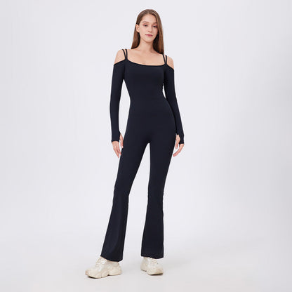 Autumn Winter Tight Nude Feel Yoga Clothes With Chest Pad Long Sleeve Off the Shoulder Sports Fitness Running One Piece Bell Bottom Pants