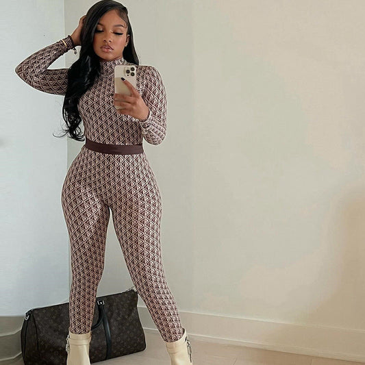 Clothing Printed Street Round Neck Long Sleeve Trousers Body Pants Fitness Jumpsuit