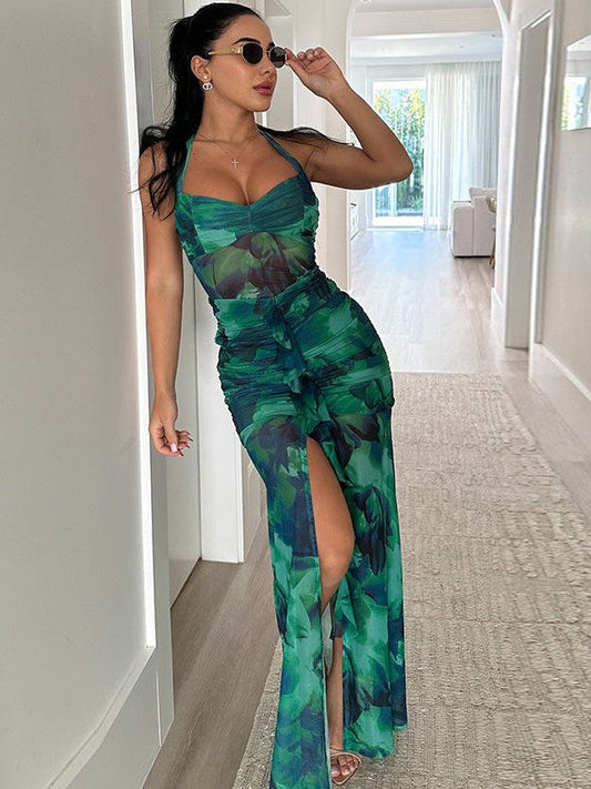 Print Halterneck Ruched Ruffle Slit Maxi Dress