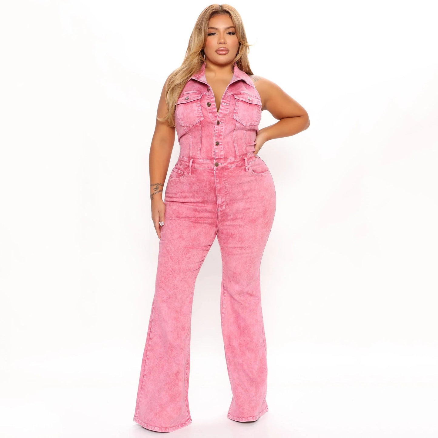 Clothing Denim High Elastic Backless Collared Workwear With Pocket Trousers Jumpsuit