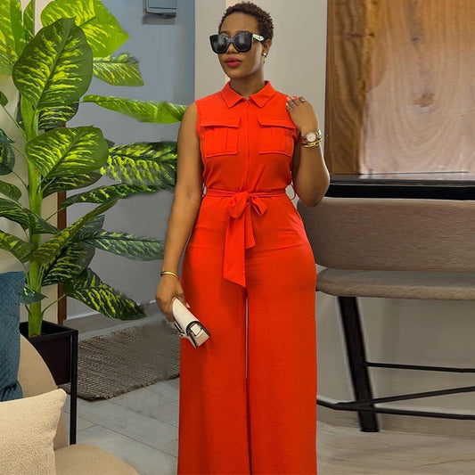 Clothing Summer Polo Collar Pocket Waist Trimming Loose Wide Leg Sleeveless Jumpsuit