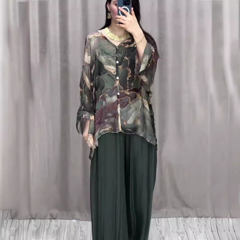 Spring Hand Painted Printed Shirt Top Wide Leg Pants Two Piece Clothing