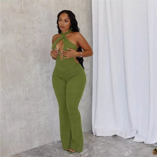 Summer Halter Slim Fit Lace Up Backless Jumpsuit Bell Bottom Pants Jumpsuit