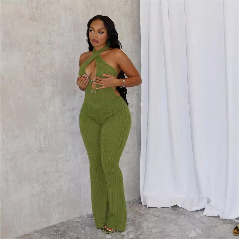 Summer Halter Slim Fit Lace Up Backless Jumpsuit Bell Bottom Pants Jumpsuit