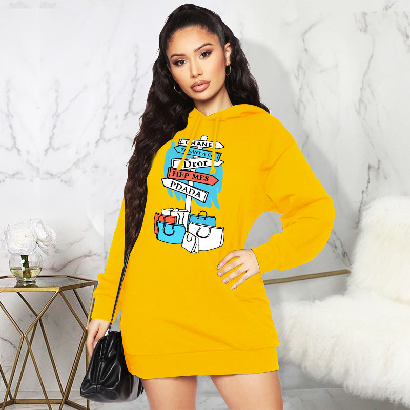 Autumn Winter Fleece Sweater Print Hooded Mid Length Top