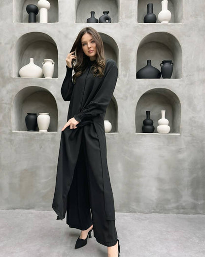 Clothing Multi Button Long Sleeve Split Stand Collar Shirt Straight Pants Two Piece Set