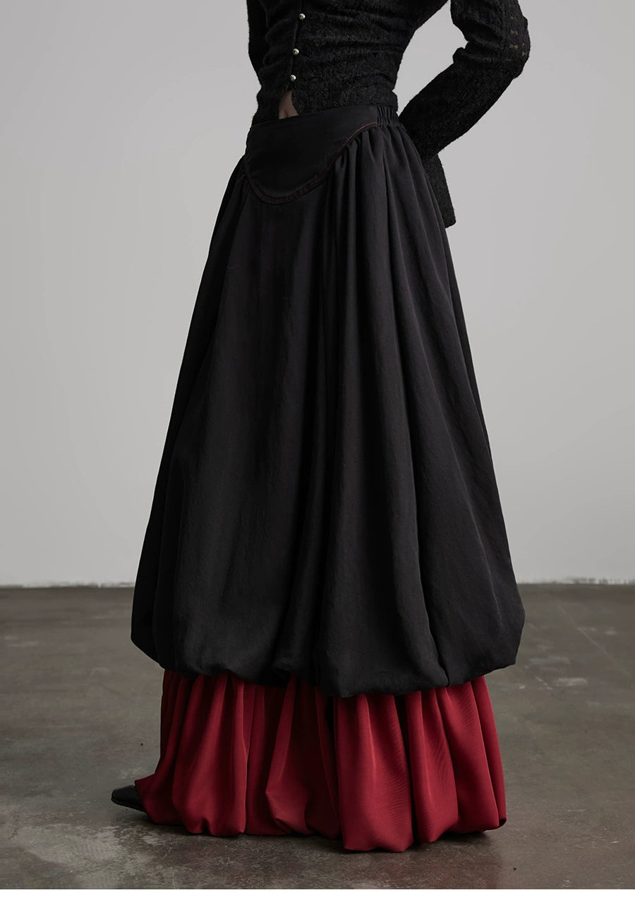 Black Patchwork Faux Two-piece A-line Skirt